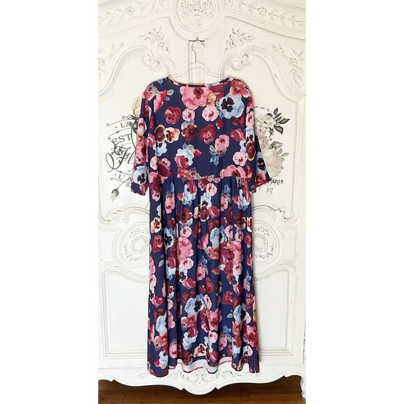Floryday Dress Women's L Red Blue Floral Midi Pullover Relaxed 3/4 Sleeves - Picture 8 of 8